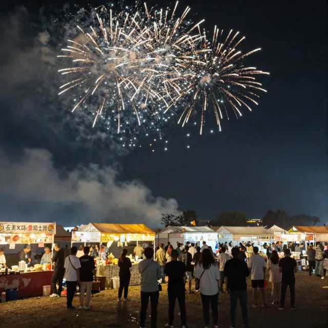 A nighttime festival with fireworks in the sky, food stalls lined up, and crowds mingling. - Z-Image Turbo