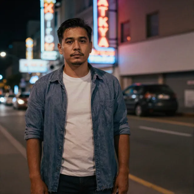 A nighttime portrait of a man lit by neon signs on a city street - Alibaba Z-Image Turbo
