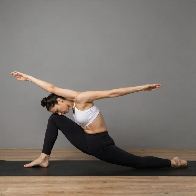 A yoga practitioner in a complex pose, arms and legs fully extended (full-body view) - Alibaba Z-Image Turbo