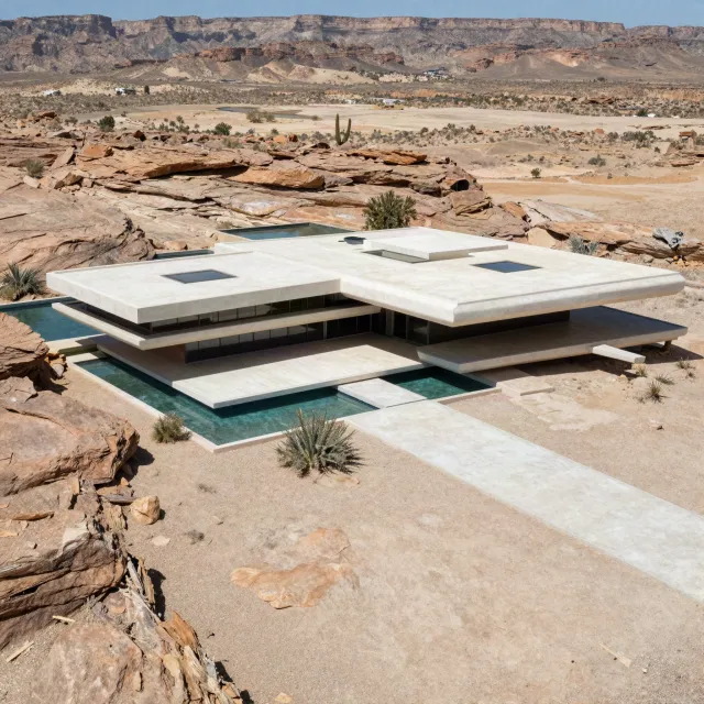 Aerial view of a modernist desert home, in the style of Frank Lloyd Wright's Fallingwater… - Alibaba Z-Image Turbo