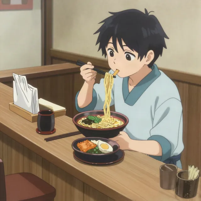 An anime scene of a character eating ramen at a small shop counter (slice-of-life style) - Alibaba Z-Image Turbo