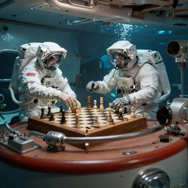 An astronaut and a deep-sea diver playing chess together inside a submarine - Alibaba Z-Image Turbo