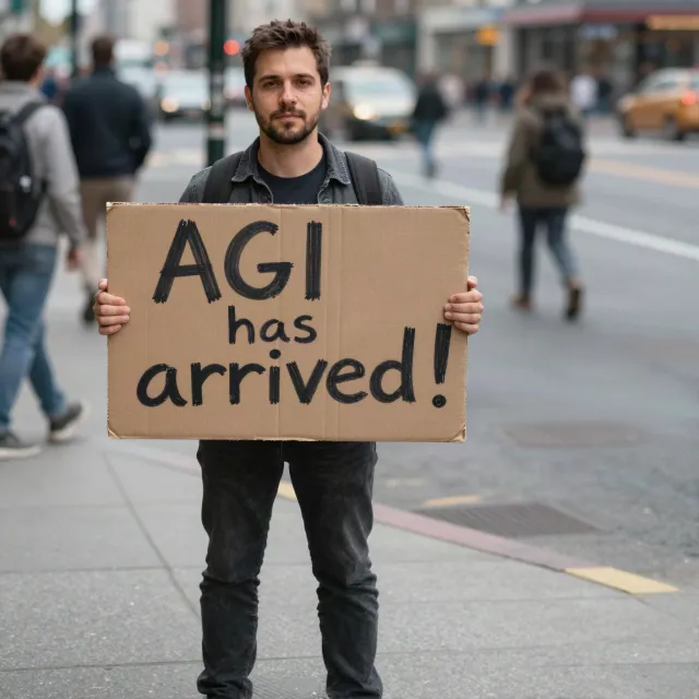 Photorealistic daytime street photograph, clearly showing a man standing still on a busy urban street corner holding a rectangular cardboard sign clearly facing camera, handwritten bold black marker text clearly readable as "AGI has arrived!", background blurred with realistic pedestrians and cityscape - Z-Image Turbo