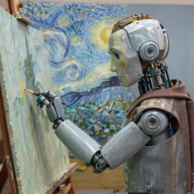 Photorealistic image of a robot painting a realistic self-portrait (i.e. the robot) on… - Alibaba Z-Image Turbo