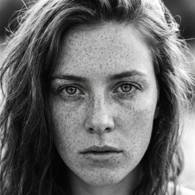 A black and white close-up portrait of a freckled woman with an intense gaze - Google Nano Banana Pro