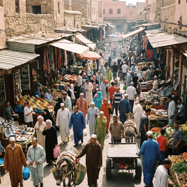 A bustling market scene with dozens of people buying and selling goods. - Nano Banana Pro