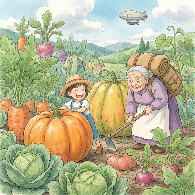 A child and elder tending oversized vegetables in a garden. Reproduce the artistic style… - Google Nano Banana Pro