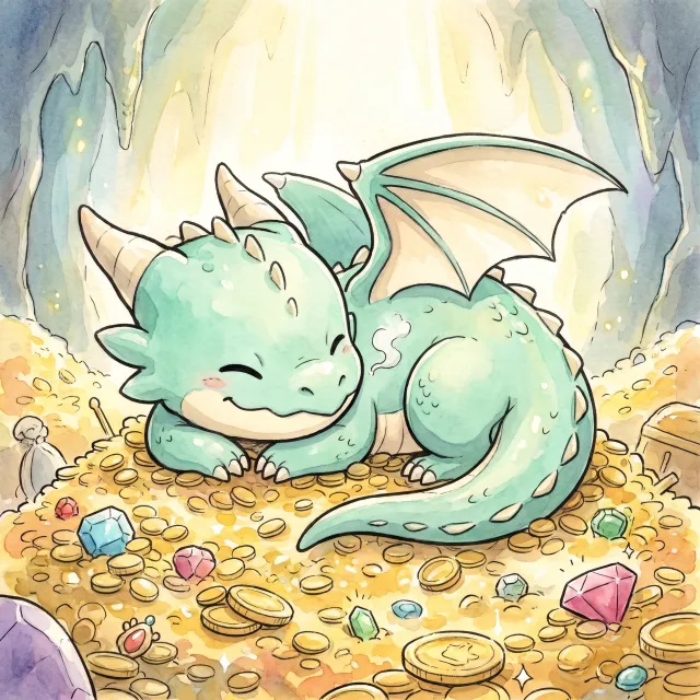 A cute chibi-style dragon sleeping on a pile of gold. - Nano Banana Pro