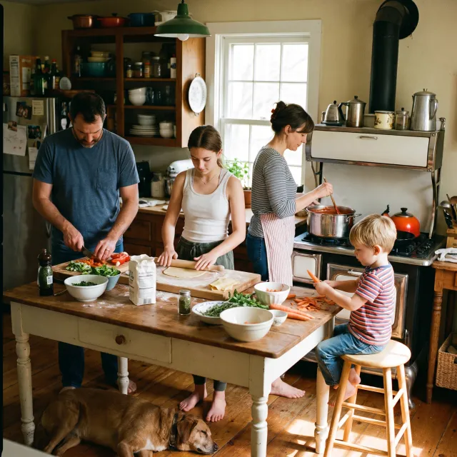 A family cooking together in a kitchen, each person busy with a different task - Google Nano Banana Pro