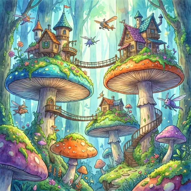 A forest of giant mushrooms with houses built on top of them, rendered in a whimsical Studio Ghibli-inspired art style with vibrant colors and fantastical details. - Nano Banana Pro