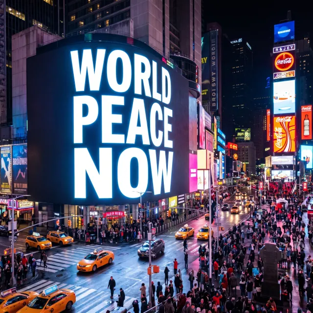 A large storefront billboard at Times Square displaying the slogan “WORLD PEACE NOW” in… - Google Nano Banana Pro