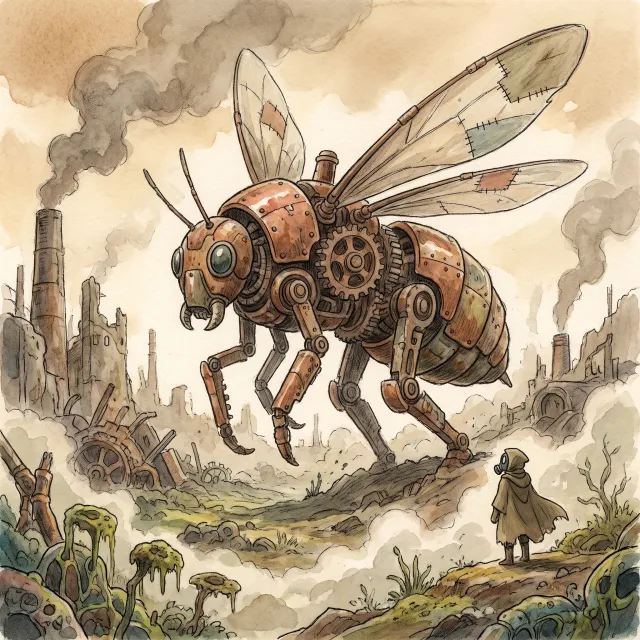 A mechanical creature in a polluted landscape. Capture the visual aesthetic of 'Nausicaä'… - Google Nano Banana Pro