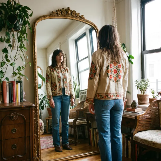 A person standing before a mirror, with their front and reflected back both visible - Google Nano Banana Pro