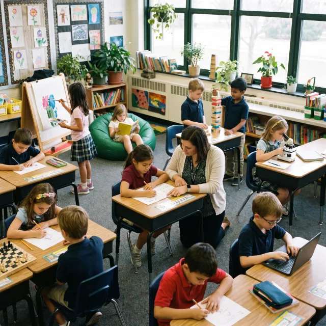 A school classroom of children and a teacher, each student engaged in a different activity. - Nano Banana Pro