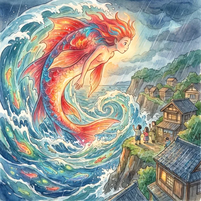 A sea creature rising from a stormy ocean near a village. Replicate the visual style of… - Google Nano Banana Pro