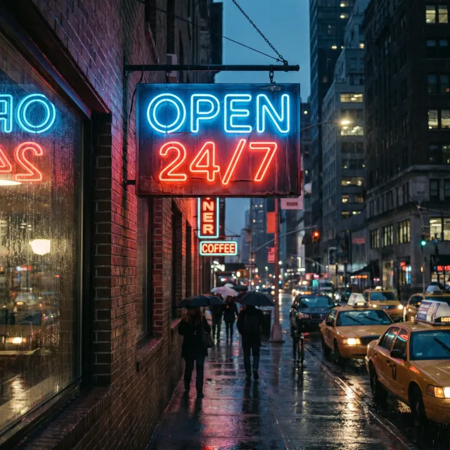 A storefront sign that says "Open 24/7" in neon lights, nighttime urban photography - Google Nano Banana Pro