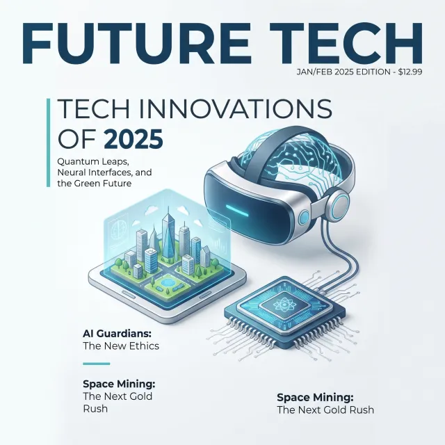 A technology magazine cover featuring the headline "Tech Innovations of 2025," clean… - Google Nano Banana Pro
