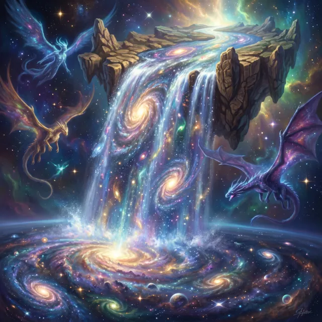 A waterfall that pours out stars and galaxies instead of water, illustrated in a cosmic… - Google Nano Banana Pro