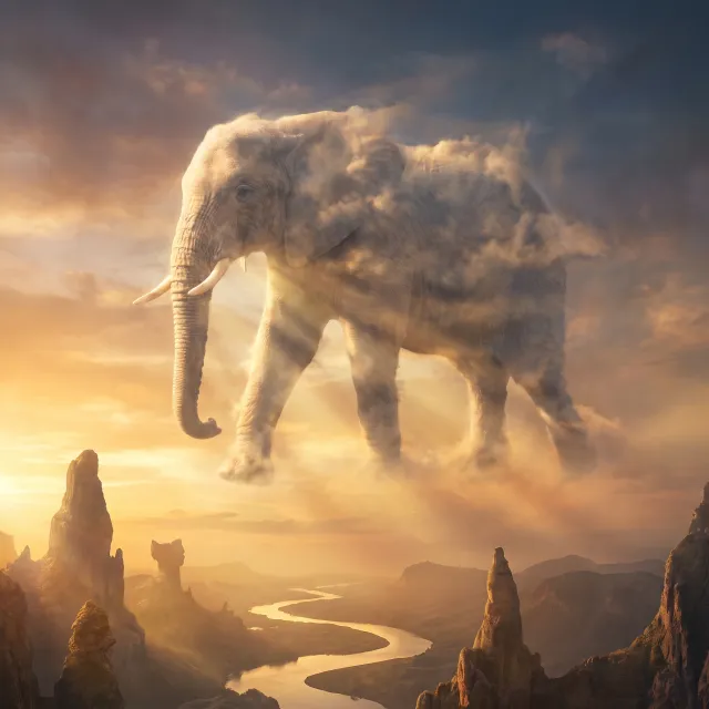 An elephant made of clouds floating in a sunset sky, rendered in a surrealist… - Google Nano Banana Pro