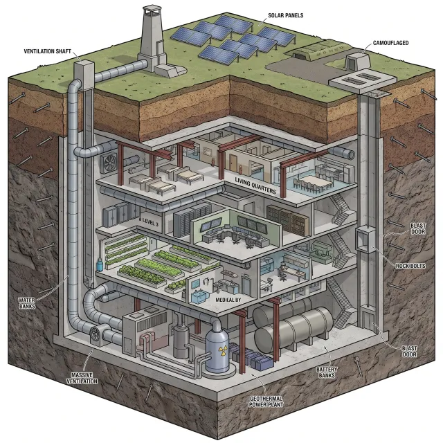 Cross-section rendering of a multi-level underground bunker with different functional… - Google Nano Banana Pro
