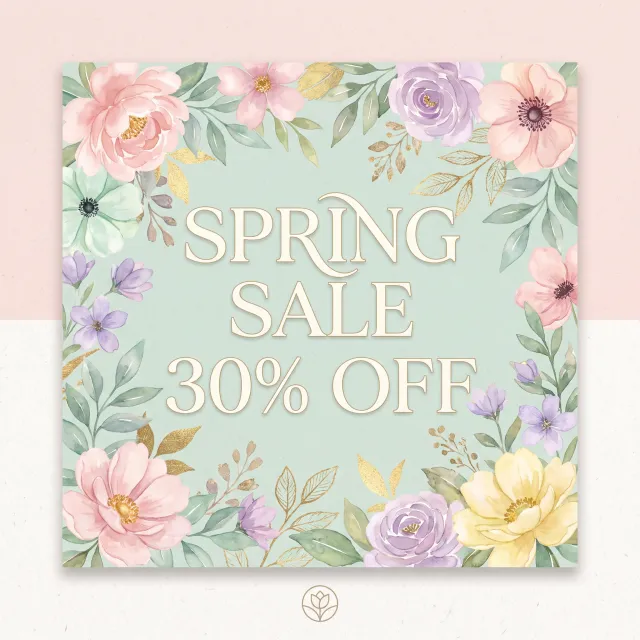Instagram post graphic: 'SPRING SALE 30% OFF'. Floral background, pastel colors, elegant serif font style visually integrated. - Nano Banana Pro