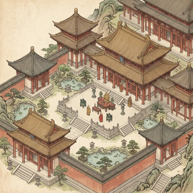 Isometric architectural illustration of an ancient Chinese temple complex showing multiple pavilions, gardens, and ceremonial spaces. Include proper roof structures and traditional ornamentation. - Nano Banana Pro
