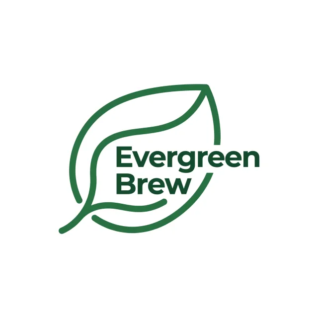 Minimalist logo for a sustainable coffee brand 'Evergreen Brew', single leaf motif, clean lines, vector style, white background. 'Evergreen Brew' contained as text in logo - Nano Banana Pro