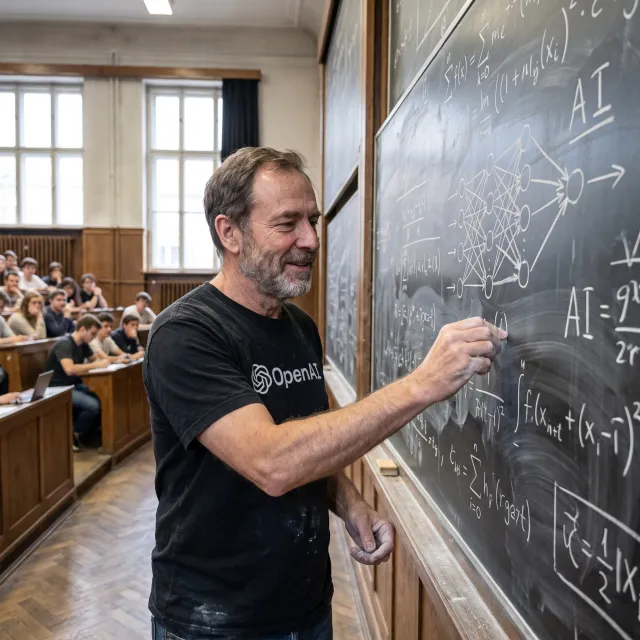 Photorealistic depiction of a man wearing a clearly visible black OpenAI-branded T-shirt. He is standing at the front of a university lecture hall, writing complex mathematics and AI-related equations across a large, dusty chalkboard filled with notation - Nano Banana Pro