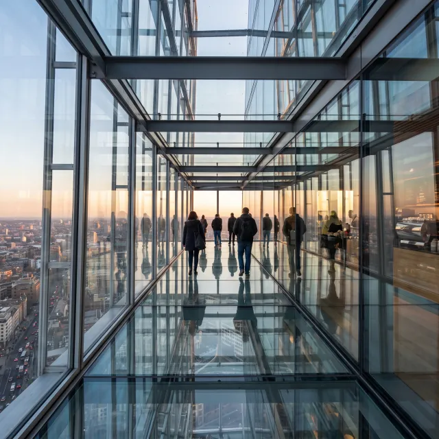 Photorealistic rendering of a contemporary glass skybridge between two skyscrapers, seen… - Google Nano Banana Pro