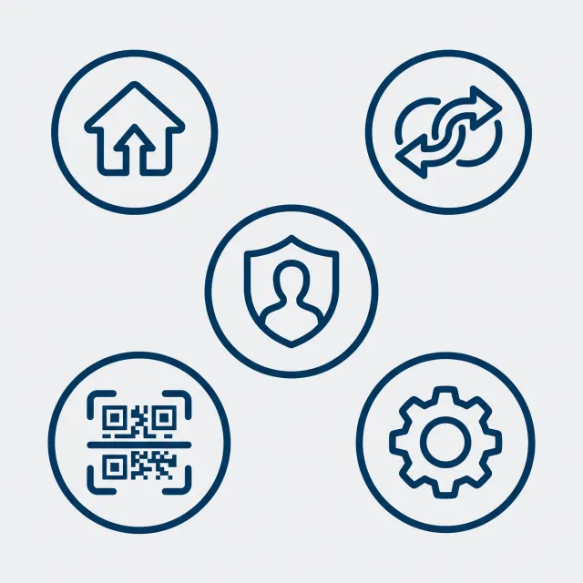Set of 5 consistent flat design icons for a mobile banking app: 'Home', 'Transfer', 'Account', 'Scan QR', 'Settings'. Monochrome dark blue. - Nano Banana Pro