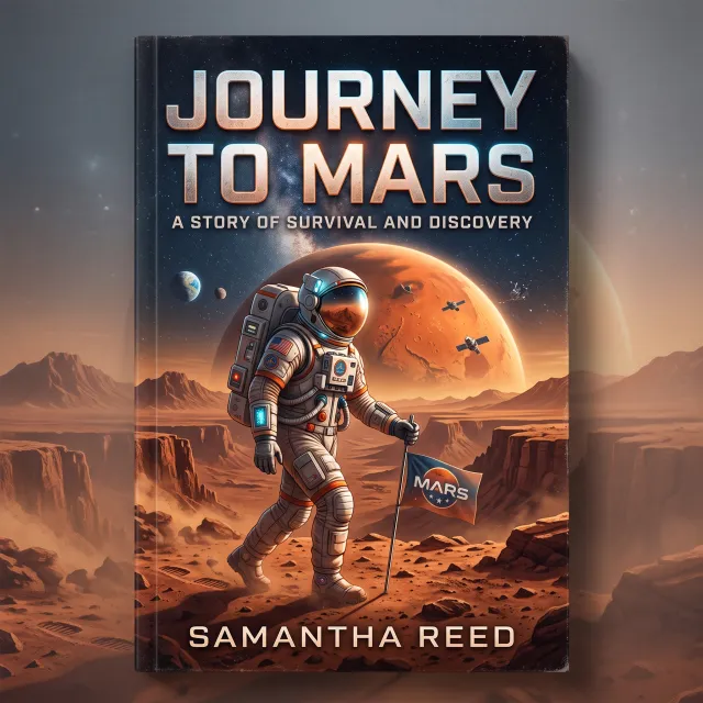 A book cover showing the title "Journey to Mars" along with an astronaut illustration, contemporary sci-fi design style. - Nano Banana 2