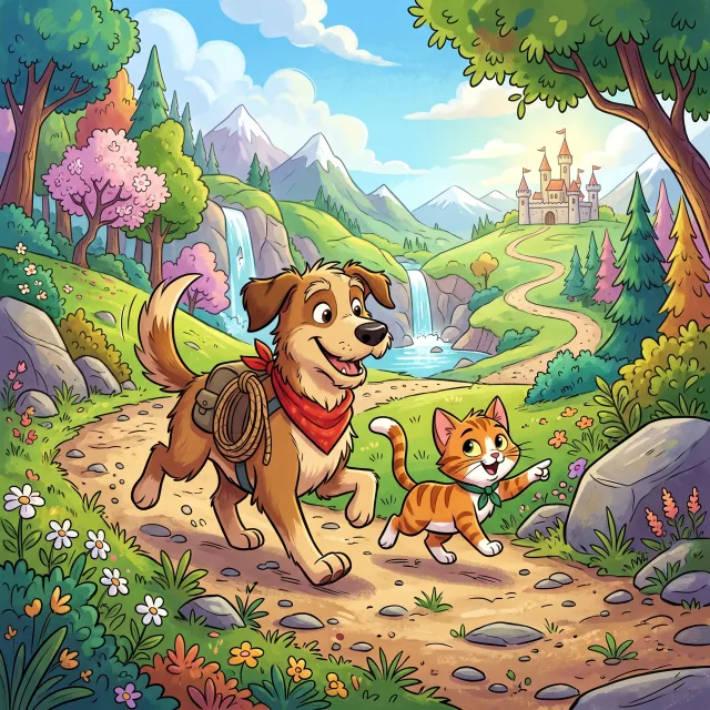 A cartoon of a cat and a dog on an adventure, drawn in a colorful 2D style. - Nano Banana 2