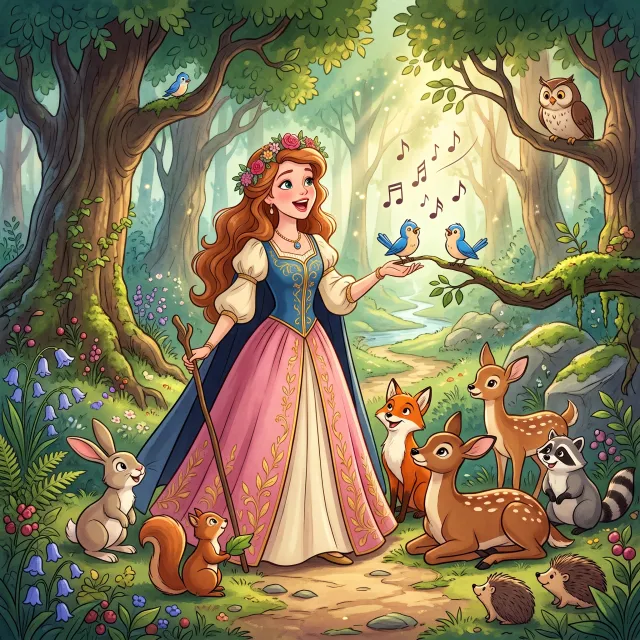 A classic Disney-like 2D cartoon princess singing with animals in a forest - Google Nano Banana 2