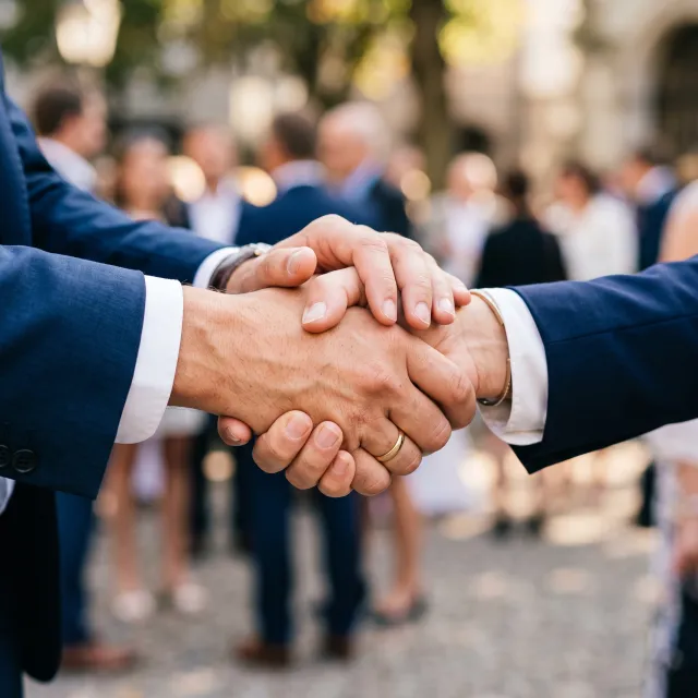 A close-up of two people shaking hands, both hands fully visible with five fingers each, in sharp focus against a blurred background. - Nano Banana 2
