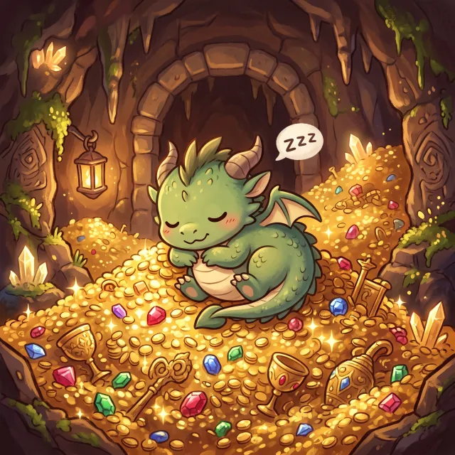A cute chibi-style dragon sleeping on a pile of gold - Google Nano Banana 2
