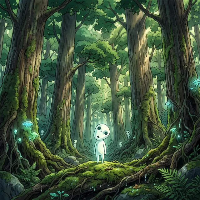 A forest spirit standing among tall trees. Replicate the artistic style of 'Princess… - Google Nano Banana 2