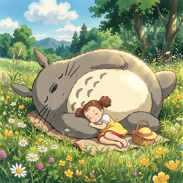 A girl and a giant fluffy creature napping in a wildflower meadow. Reproduce the art… - Google Nano Banana 2
