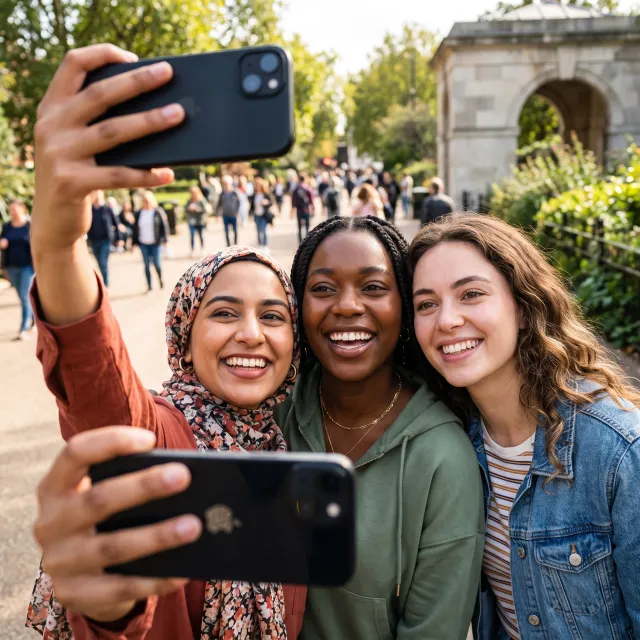 A group selfie of three friends of different ethnic backgrounds smiling at the camera. - Nano Banana 2