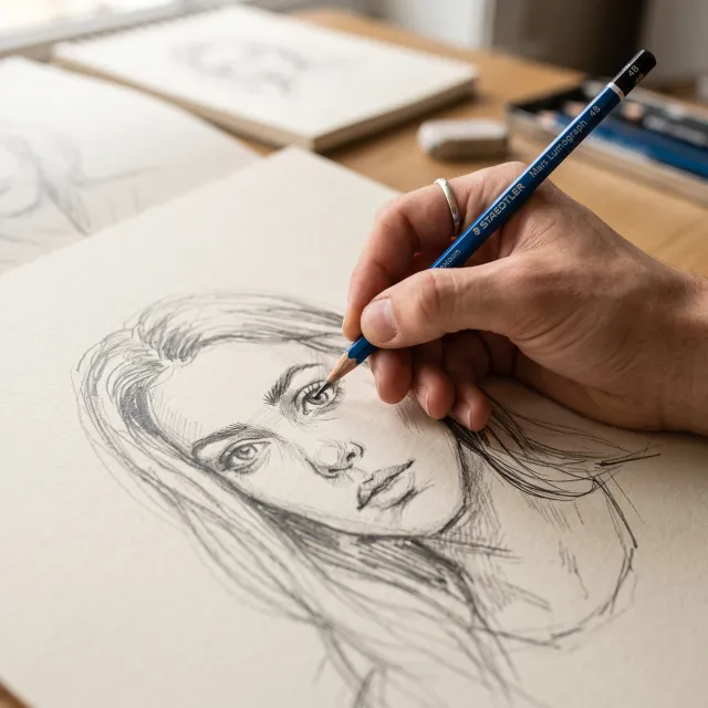 A hand drawing a sketch on paper with a pencil, the hand and pencil tip in clear focus. - Nano Banana 2
