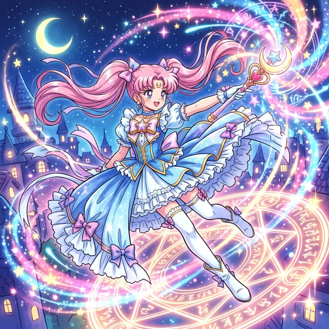 A magical girl character in a frilly dress, casting a spell (classic anime trope). - Nano Banana 2