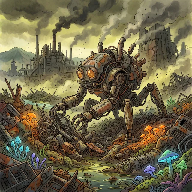 A mechanical creature in a polluted landscape. Capture the visual aesthetic of 'Nausicaä'… - Google Nano Banana 2
