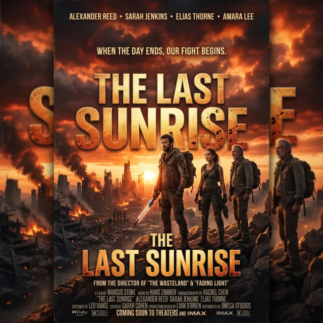 A movie poster for a fictional film titled "The Last Sunrise". Dramatic Hollywood design style. - Nano Banana 2