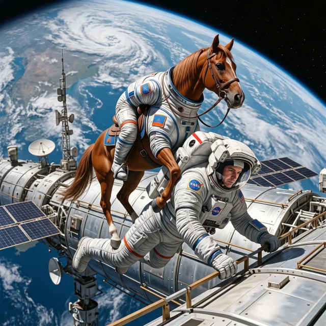 A realistic astronaut being ridden by a horse, photorealistic depiction in outer space with accurate lighting and proportions - Nano Banana 2