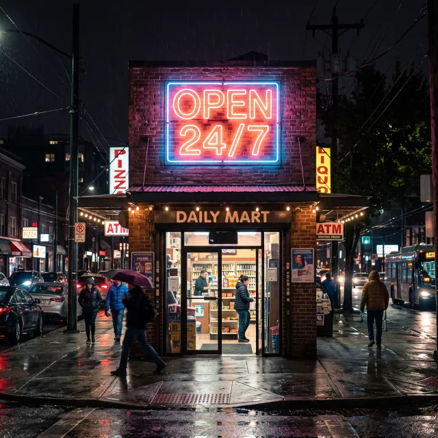 A storefront sign that says "Open 24/7" in neon lights, nighttime urban photography. - Nano Banana 2