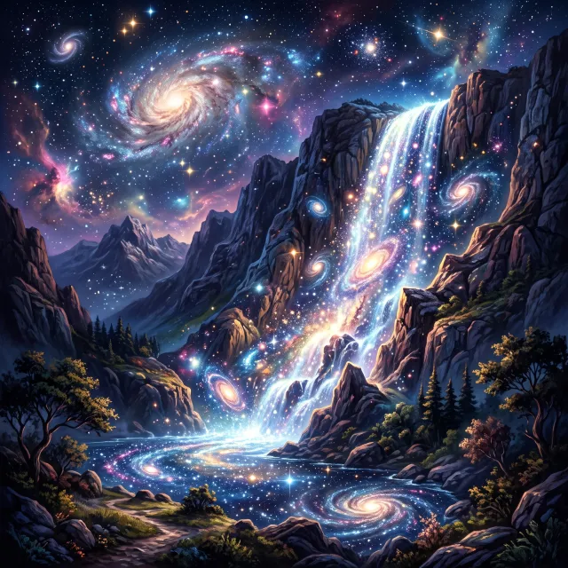 A waterfall that pours out stars and galaxies instead of water, illustrated in a cosmic fantasy style with vibrant space colors and dramatic lighting effects. - Nano Banana 2