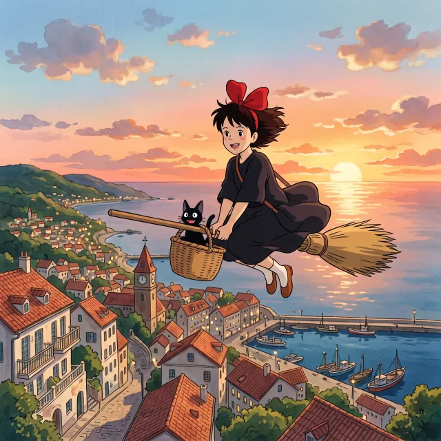 A young witch flying on a broomstick above a coastal town at sunset. Exact art style of 'Kiki's Delivery Service' by Studio Ghibli, with Miyazaki's character design and warm colors. - Nano Banana 2