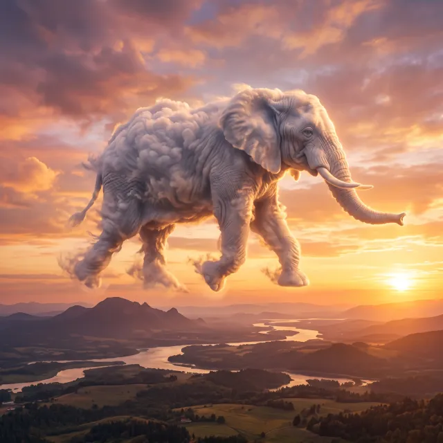 An elephant made of clouds floating in a sunset sky, rendered in a surrealist photorealistic style with ethereal golden lighting and atmospheric depth. - Nano Banana 2