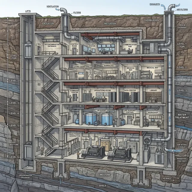 Cross-section rendering of a multi-level underground bunker with different functional… - Google Nano Banana 2