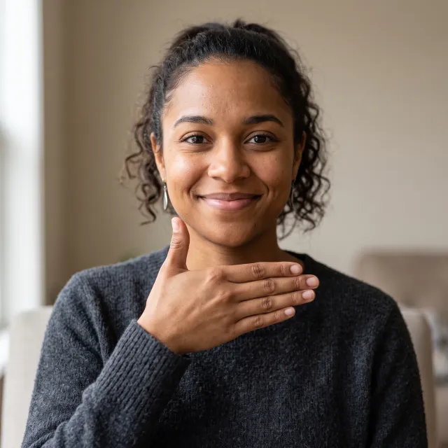 Photorealistic close-up portrait of a person clearly performing the American Sign Language gesture for "thank you," hand positioned visibly in front of the chest, clear expression on face, neutral background - Nano Banana 2