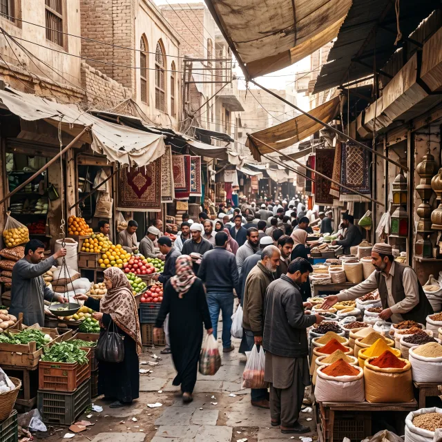 A bustling market scene with dozens of people buying and selling goods. - Nano Banana 2.1
